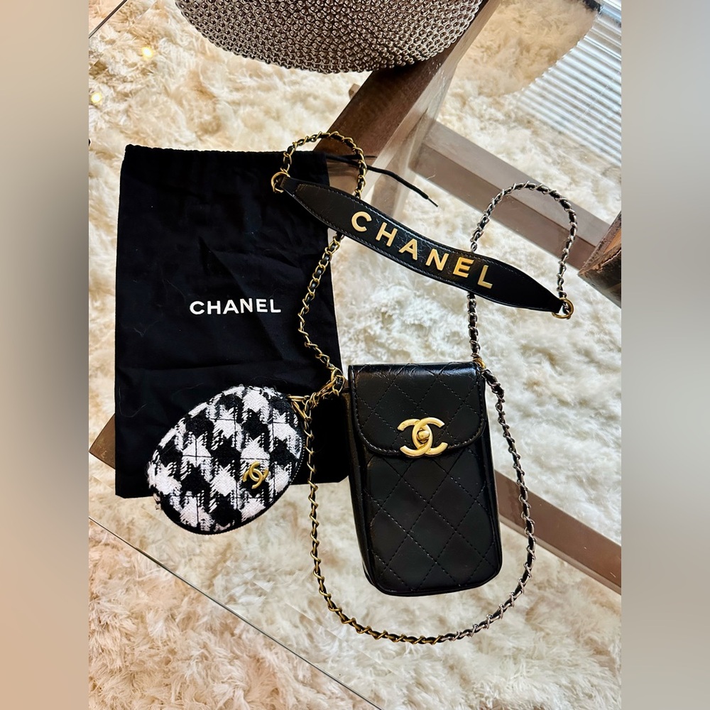 CHANEL Black Gold Logo Quilted Bag with Houndstooth Pouch Make up Bag